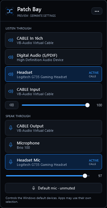 Patch Bay's black and electric blue audio device controls